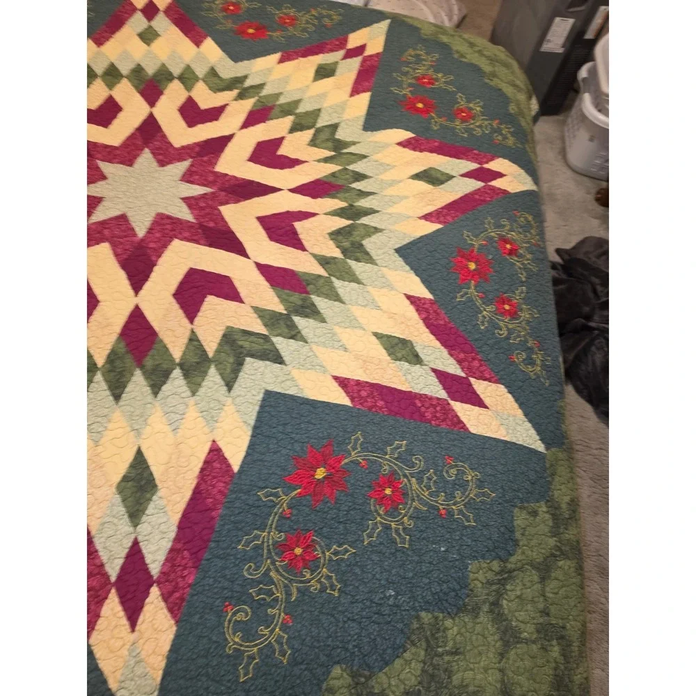 Handcrafted Lonestar Cotton Quilt Poinsettia Embroidered Christmas 90x90 Green
